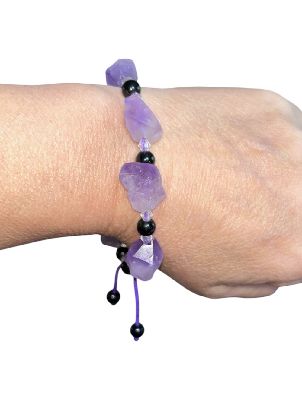 Raw Amethyst Nugget Black Bead Adjustable Bracelet Purple Boho